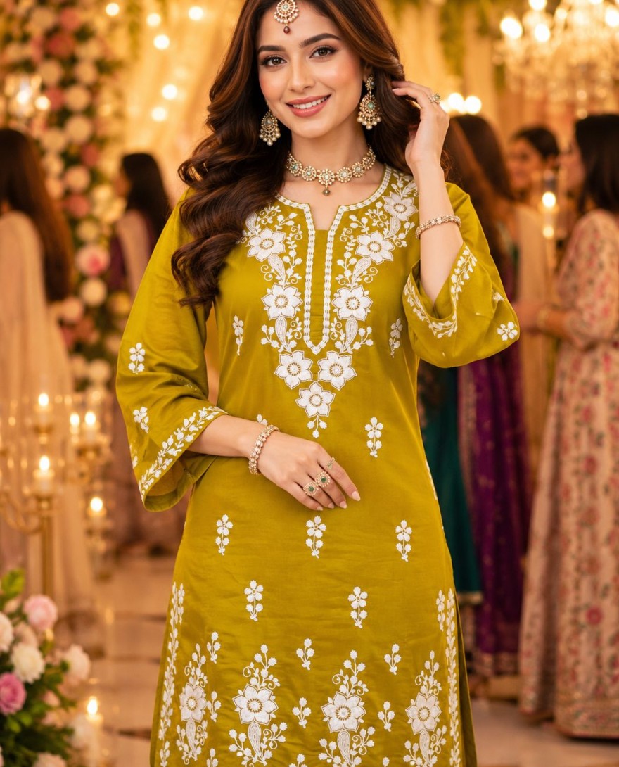 YELLOW - Mustard Embroidered Chanderi Roman Silk Co-Ord Set