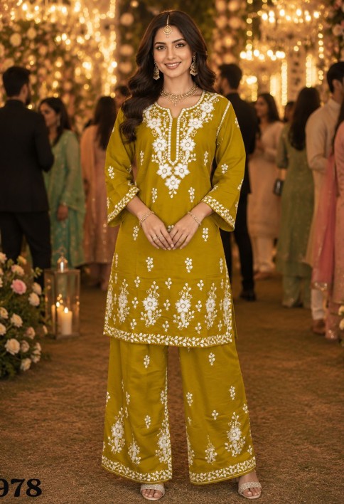 Mustard Embroidered Chanderi Roman Silk Co-Ord Set