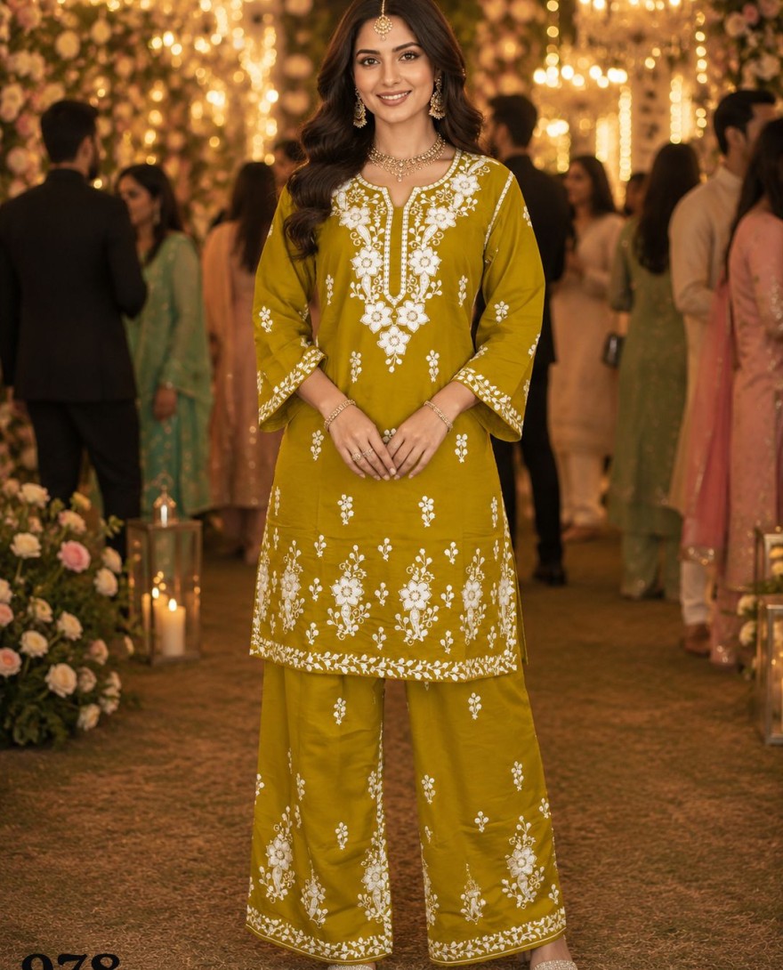 YELLOW - Mustard Embroidered Chanderi Roman Silk Co-Ord Set