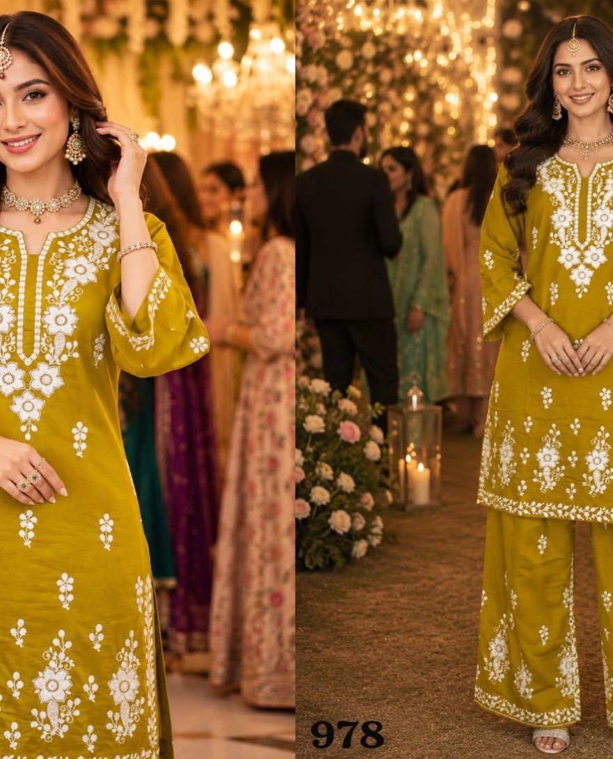 YELLOW - Mustard Embroidered Chanderi Roman Silk Co-Ord Set