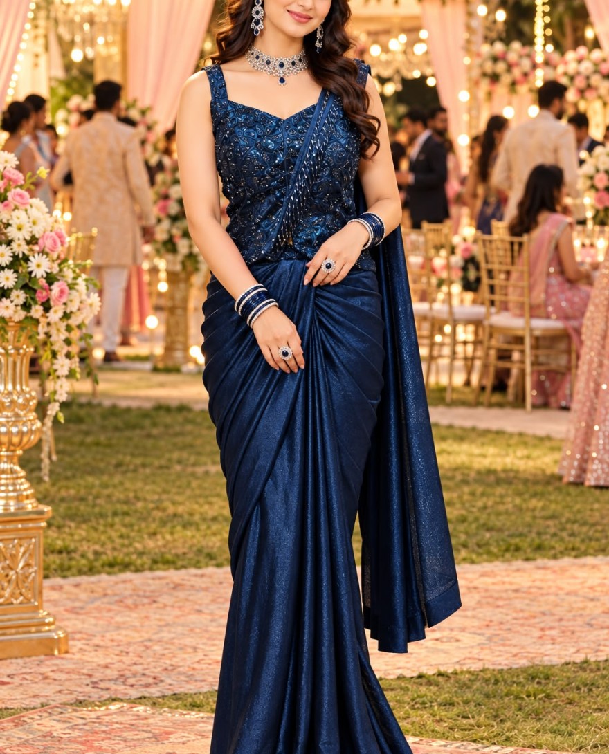 BLUE - Blue Satin Contemporary Saree