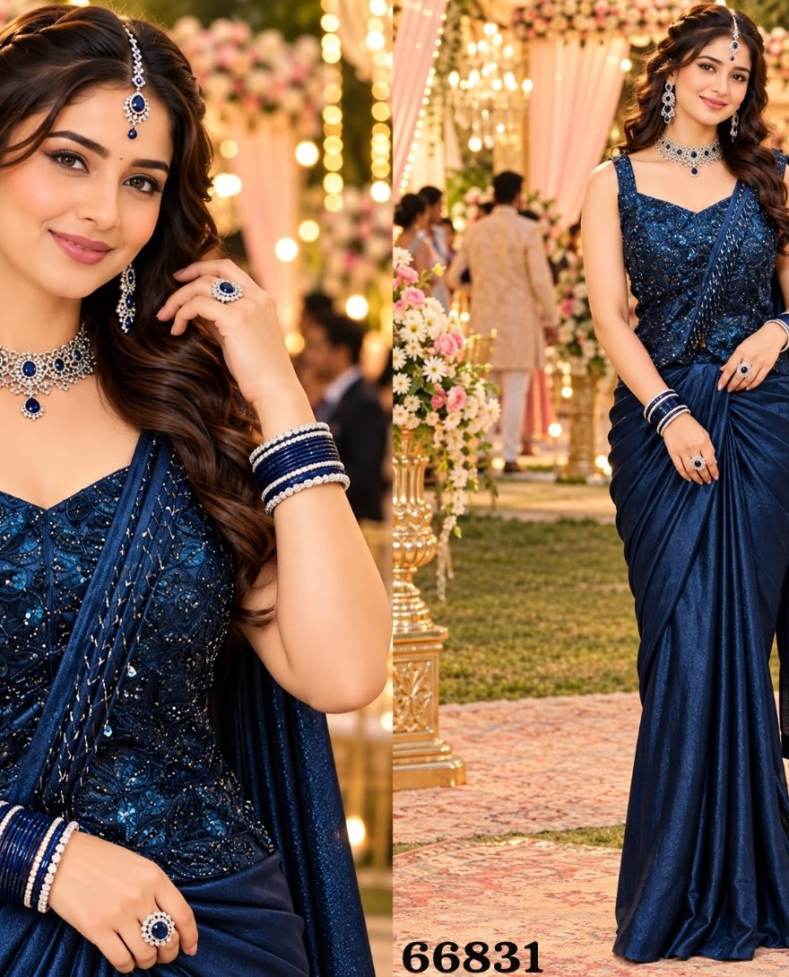 BLUE - Blue Satin Contemporary Saree