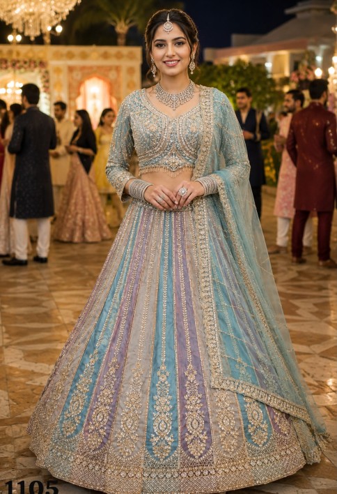 Multi Colour Net Readymade Lehenga Choli with Beads, Embroidered and Zari Work