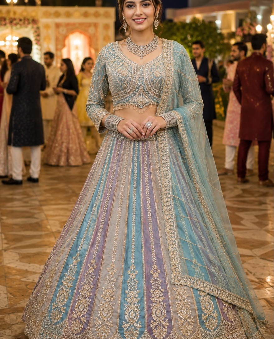 BLUE - Multi Colour Net Readymade Lehenga Choli with Beads, Embroidered and Zari Work