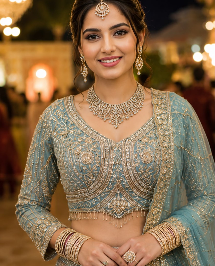 BLUE - Multi Colour Net Readymade Lehenga Choli with Beads, Embroidered and Zari Work