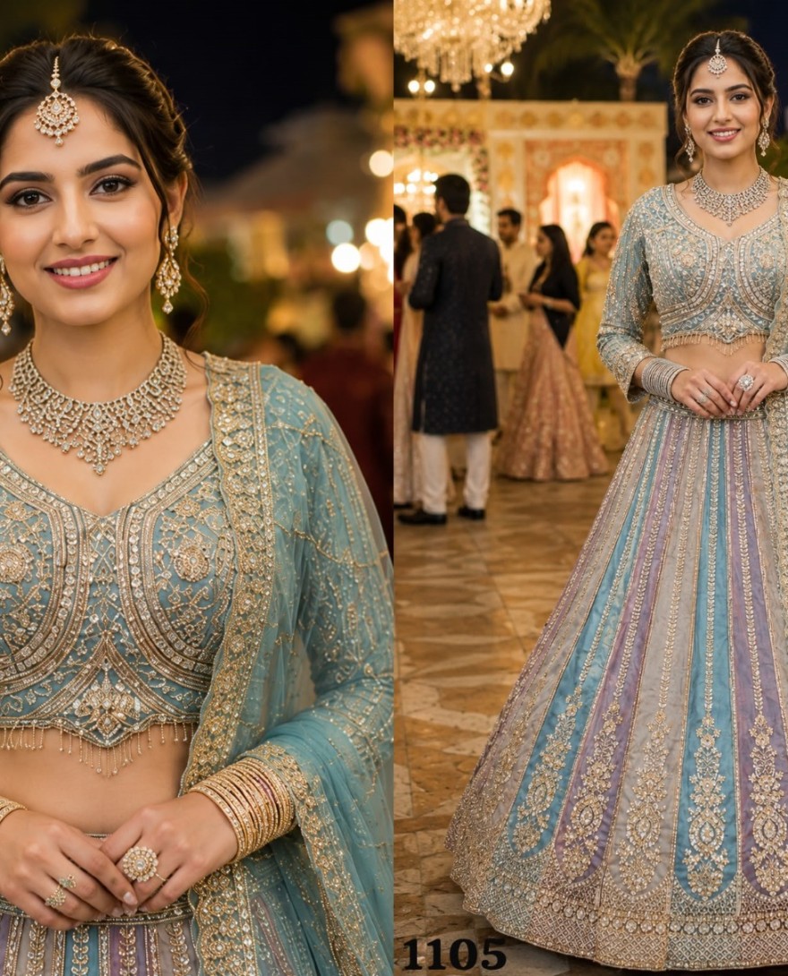 BLUE - Multi Colour Net Readymade Lehenga Choli with Beads, Embroidered and Zari Work
