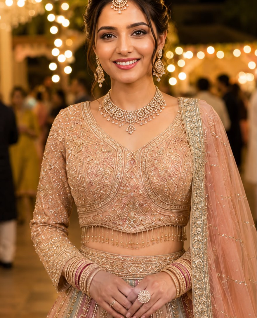 PEACH - Multi Colour Beads, Embroidered and Zari Work Net Lehenga Choli