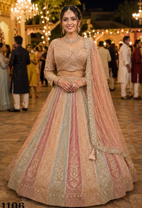 Multi Colour Beads, Embroidered and Zari Work Net Lehenga Choli