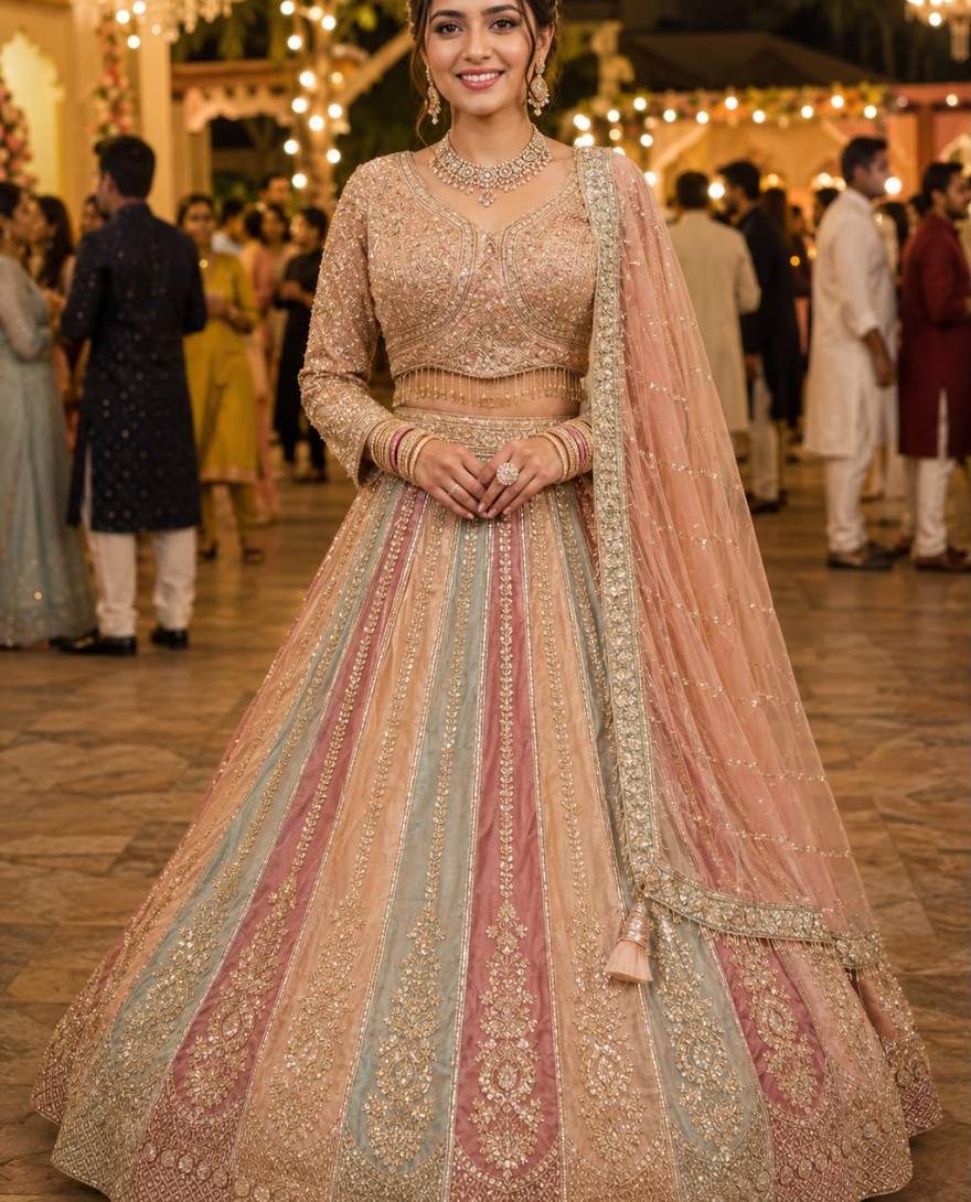 PEACH - Multi Colour Beads, Embroidered and Zari Work Net Lehenga Choli