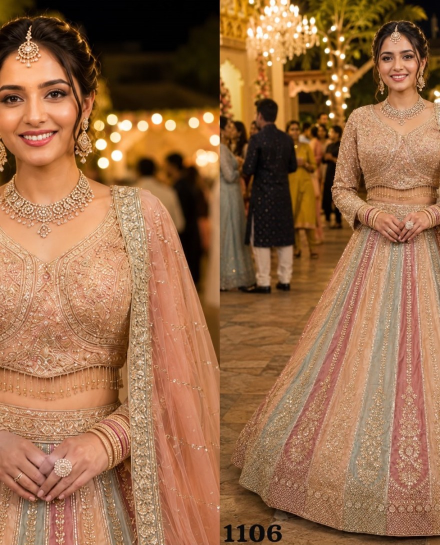 PEACH - Multi Colour Beads, Embroidered and Zari Work Net Lehenga Choli