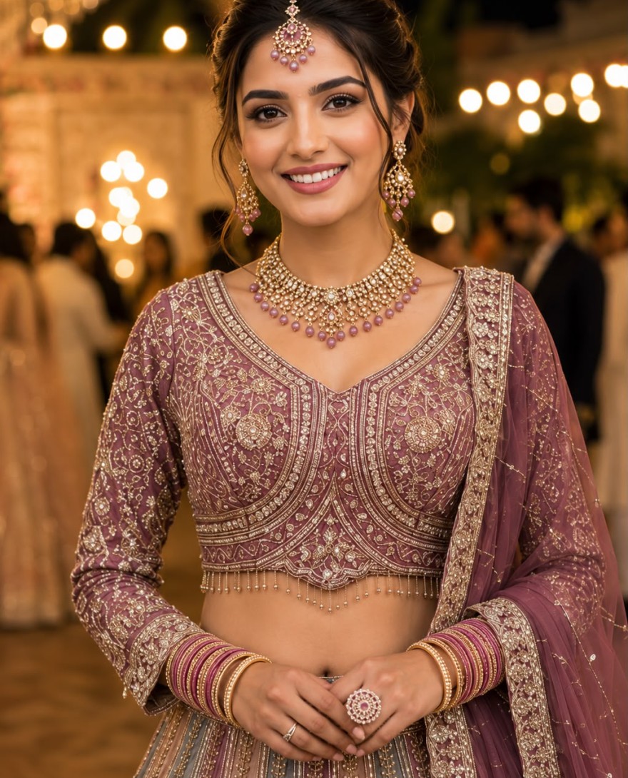 PURPLE - Beads, Embroidered and Zari Work Net Lehenga Choli In Multi Colour