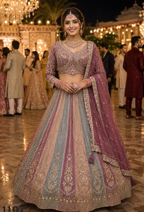 Beads, Embroidered and Zari Work Net Lehenga Choli In Multi Colour