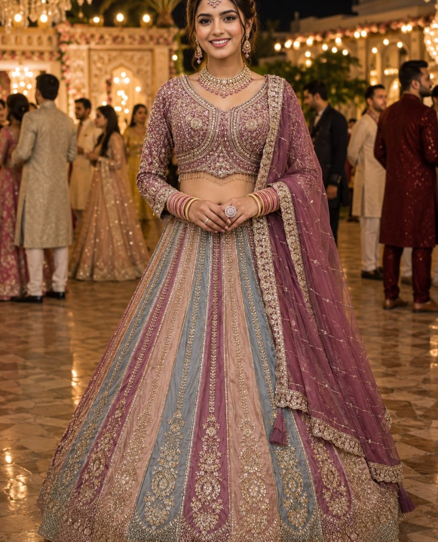 PURPLE - Beads, Embroidered and Zari Work Net Lehenga Choli In Multi Colour