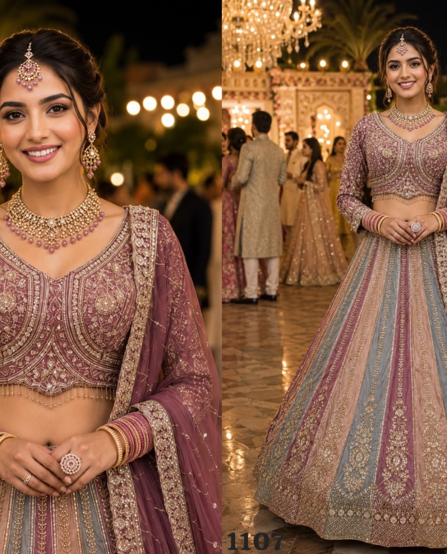 PURPLE - Beads, Embroidered and Zari Work Net Lehenga Choli In Multi Colour