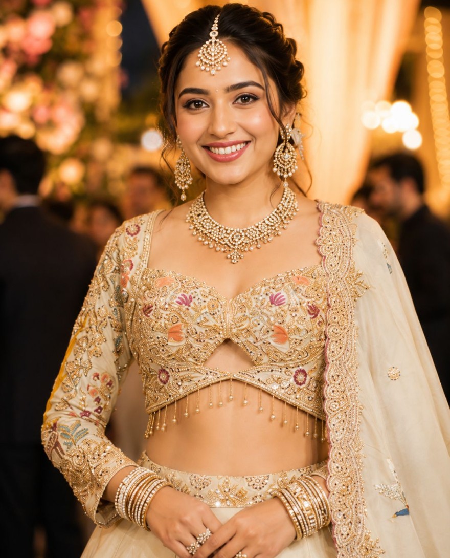WHITE - Off White Satin Lehenga Choli With Floral Embroidery