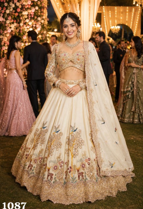 Off White Satin Lehenga Choli With Floral Embroidery