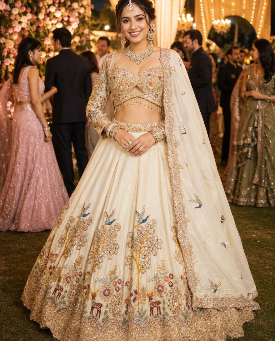 WHITE - Off White Satin Lehenga Choli With Floral Embroidery