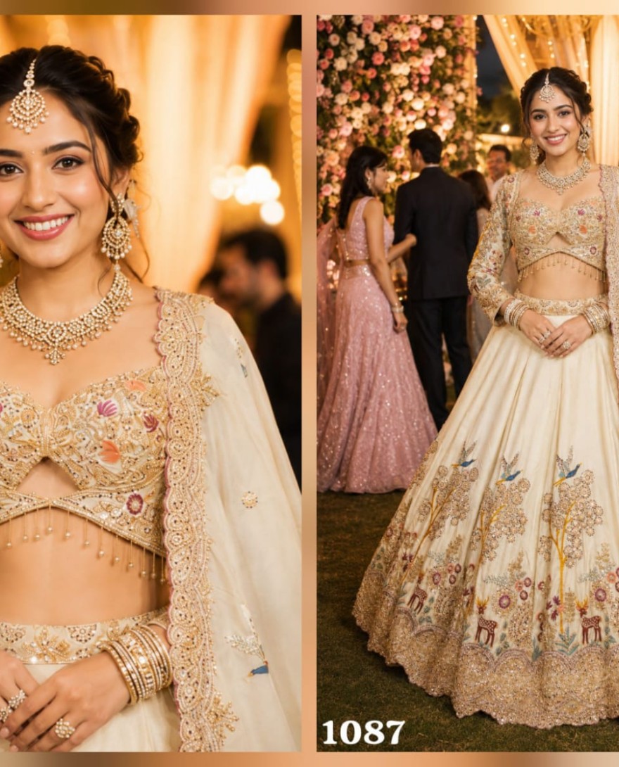 WHITE - Off White Satin Lehenga Choli With Floral Embroidery