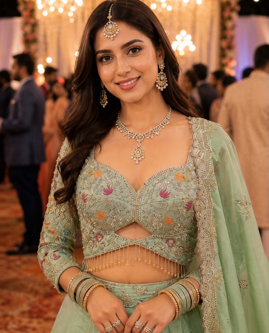 GREEN - Green Beads, Embroidered and Zari Work Satin Lehenga Choli