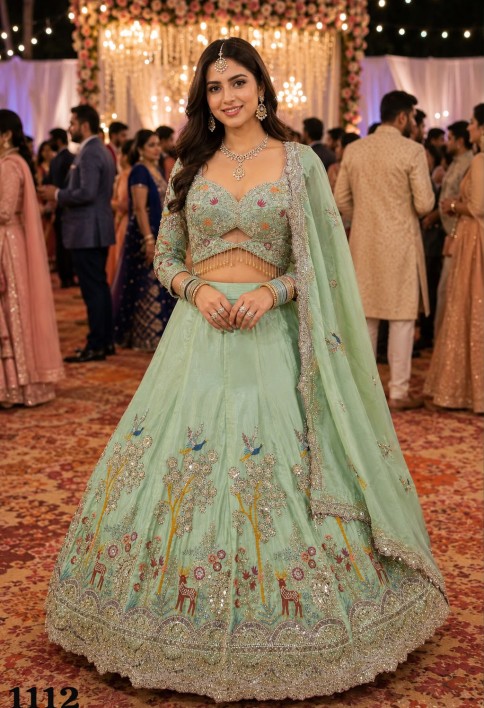 Green Beads, Embroidered and Zari Work Satin Lehenga Choli