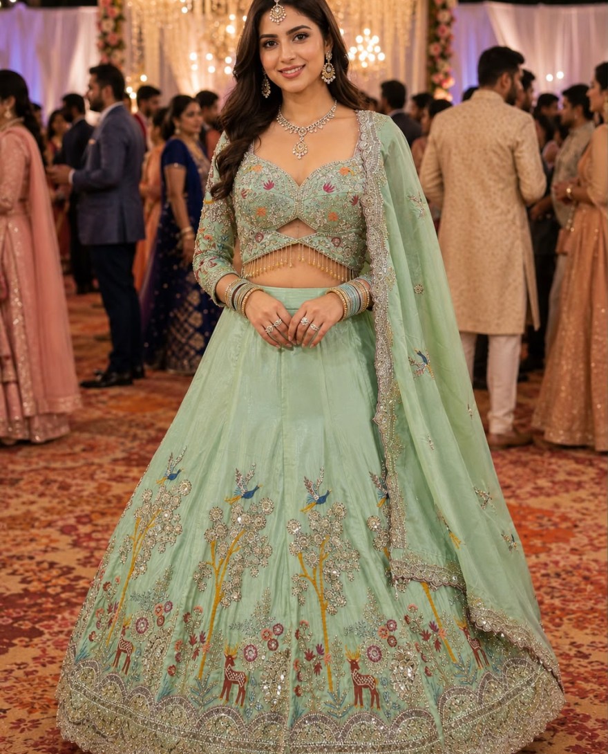 GREEN - Green Beads, Embroidered and Zari Work Satin Lehenga Choli