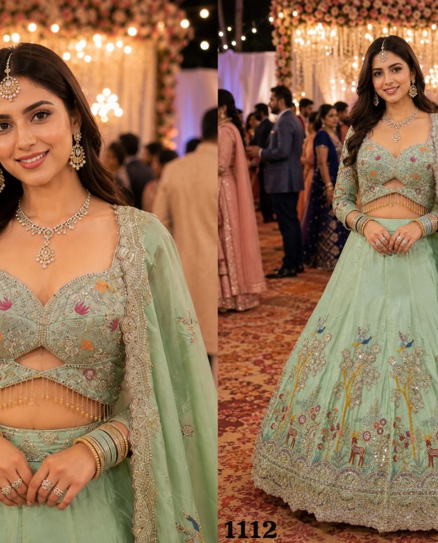 GREEN - Green Beads, Embroidered and Zari Work Satin Lehenga Choli