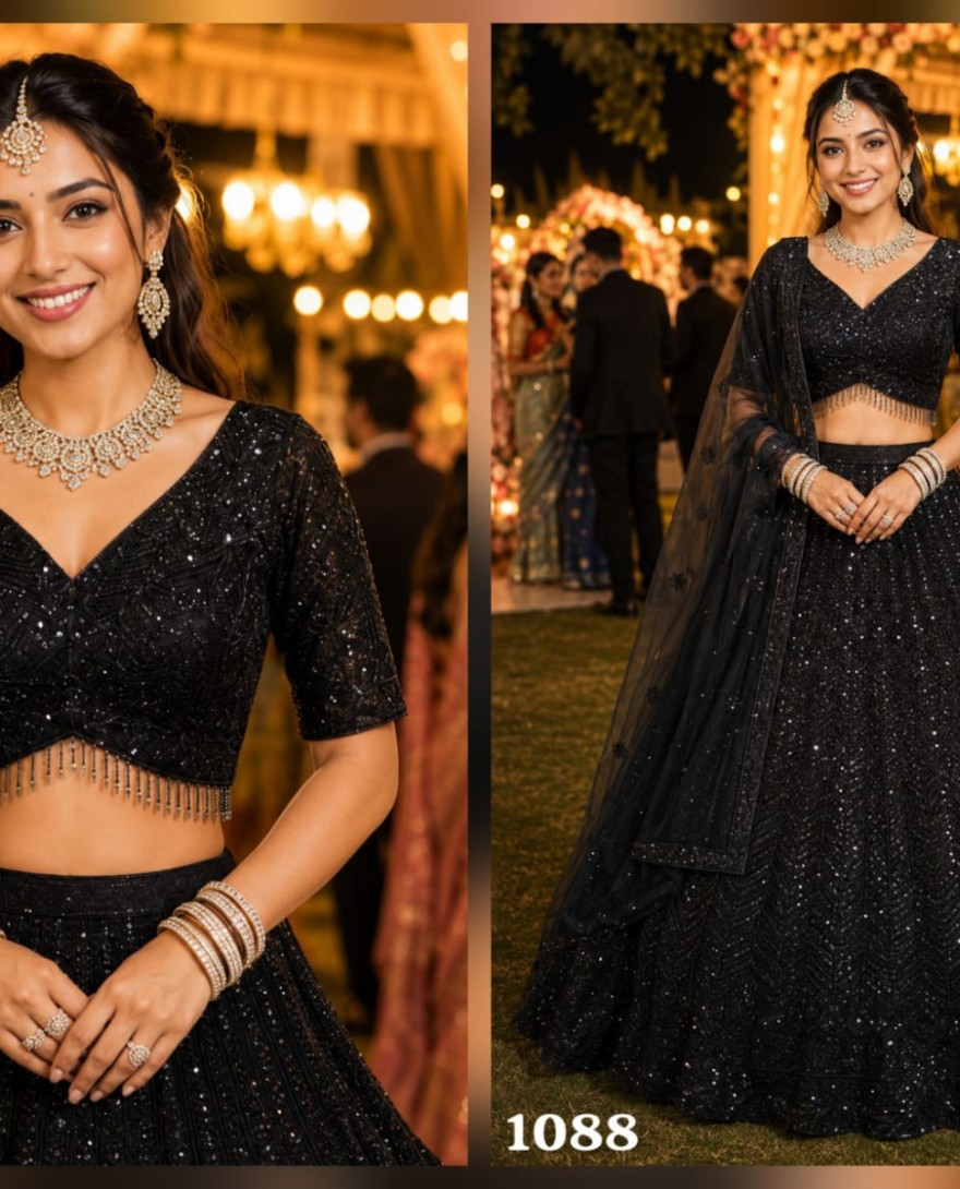 BLACK - Black Net Lehenga Choli With Sequins Detail