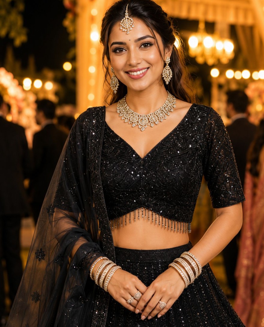 BLACK - Black Net Lehenga Choli With Sequins Detail