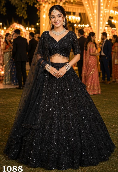 Black Net Lehenga Choli With Sequins Detail