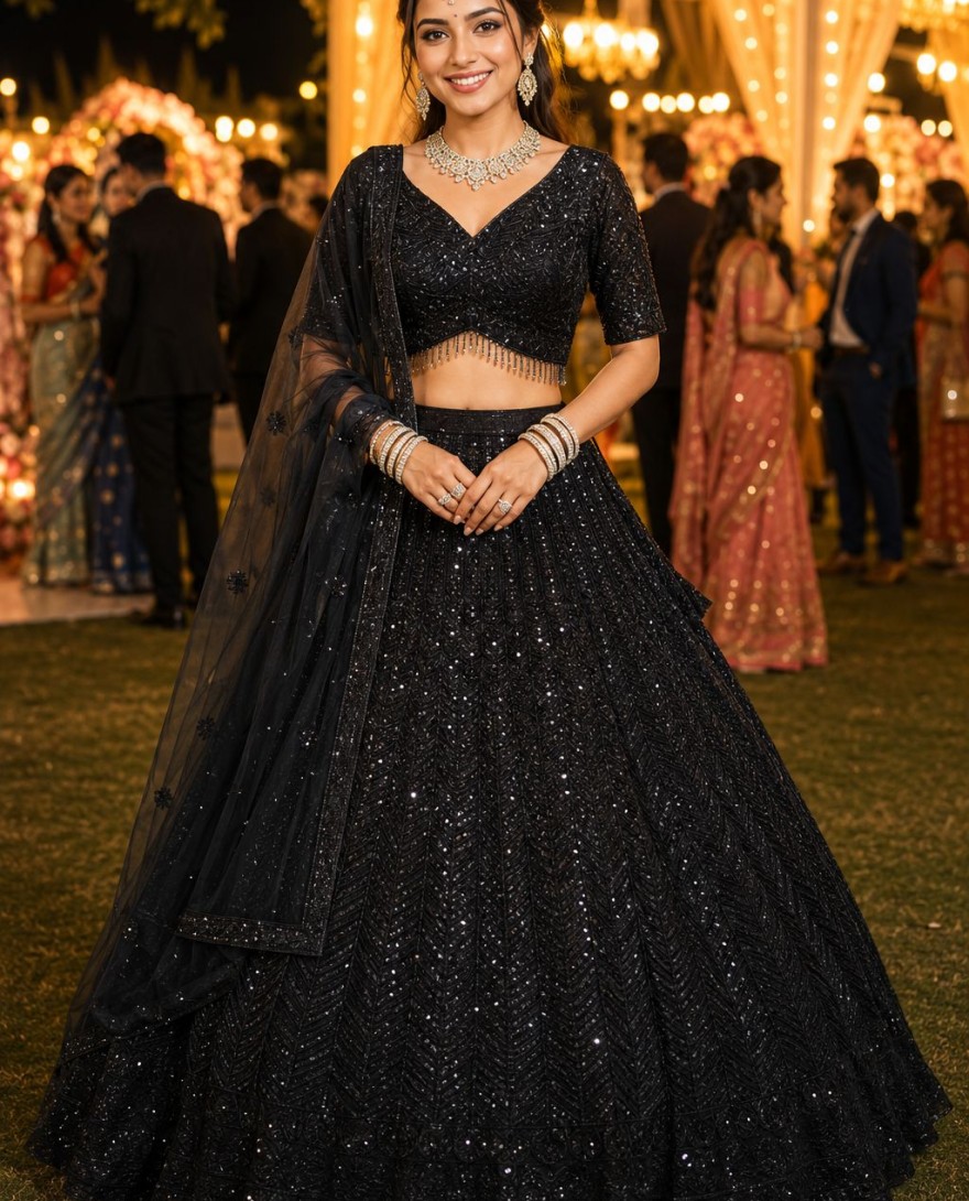 BLACK - Black Net Lehenga Choli With Sequins Detail