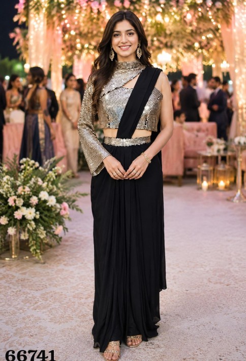 Black Lycra Embroidered and Sequins Work Classic Saree for Festival