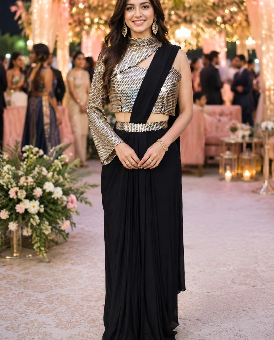 BLACK - Black Lycra Embroidered and Sequins Work Classic Saree for Festival