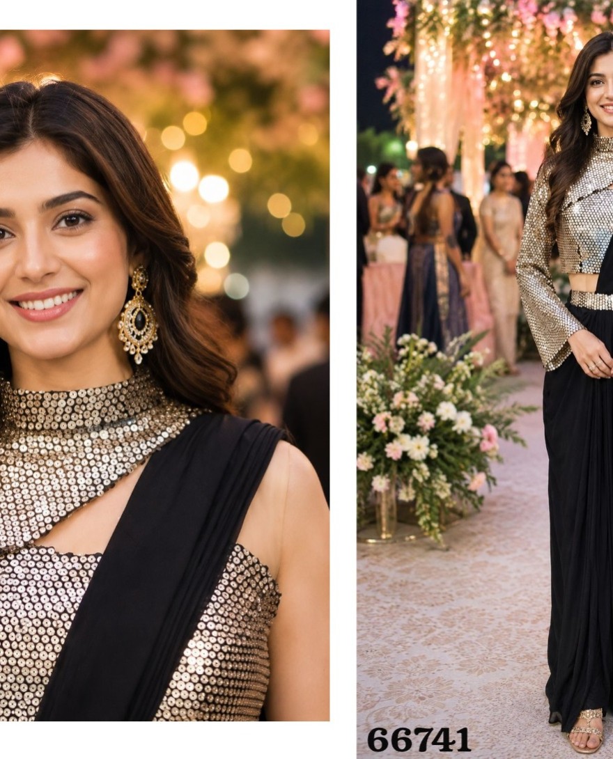BLACK - Black Lycra Embroidered and Sequins Work Classic Saree for Festival