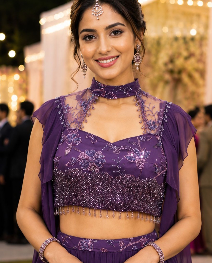 PURPLE - Purple Lycra Embroidered Work Lehenga Choli