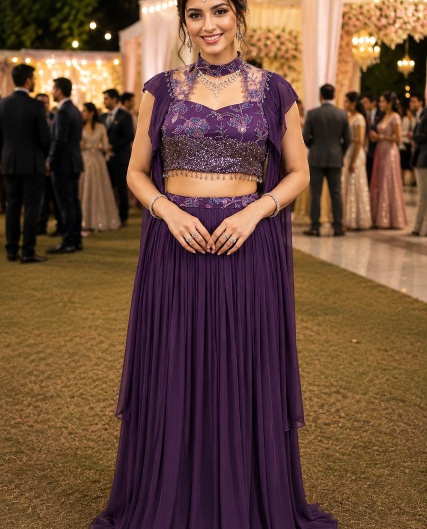 PURPLE - Purple Lycra Embroidered Work Lehenga Choli