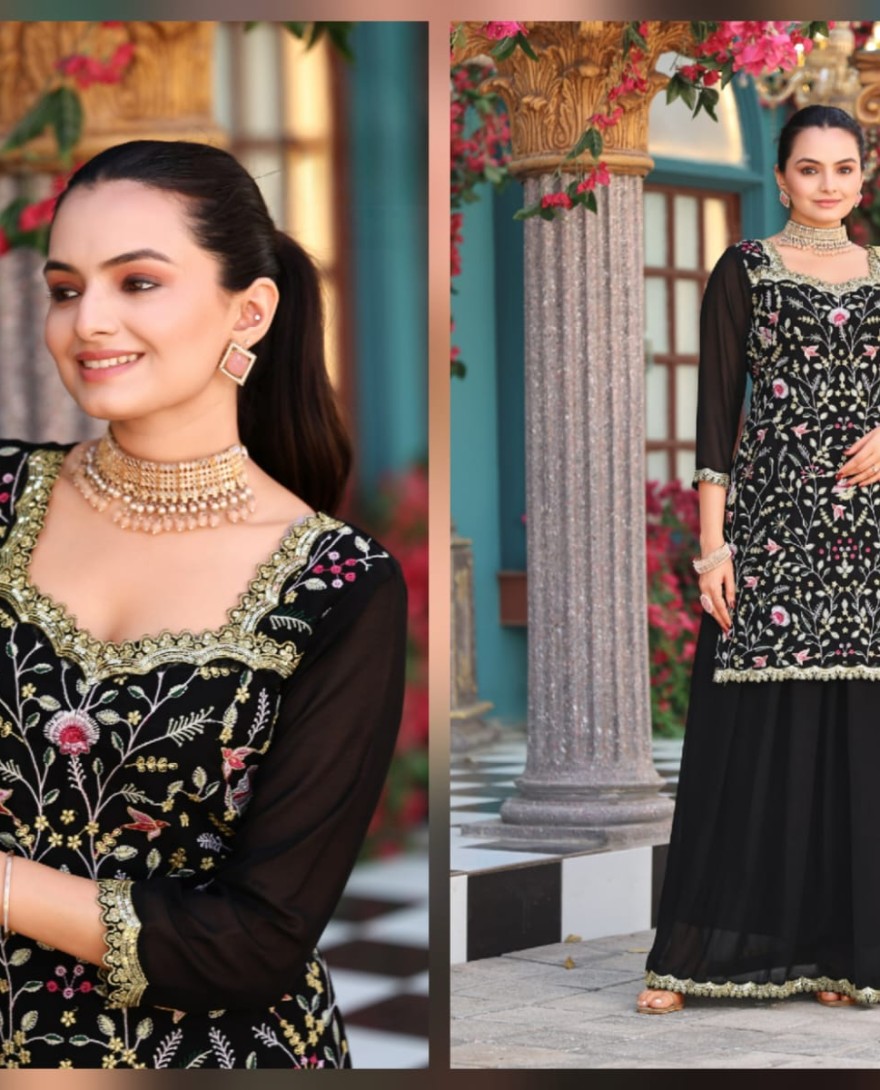 BLACK - Black Embroidered Georgette Palazzo Kameez