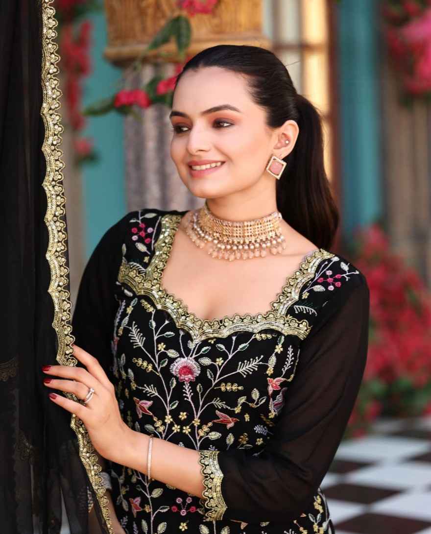 BLACK - Black Embroidered Georgette Palazzo Kameez