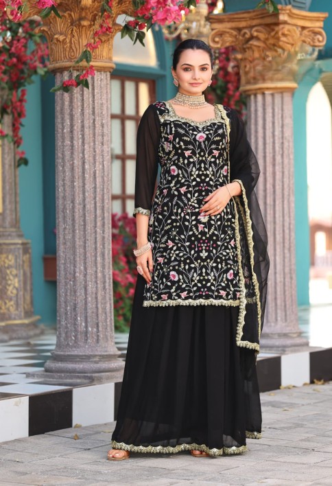 Black Embroidered Georgette Palazzo Kameez