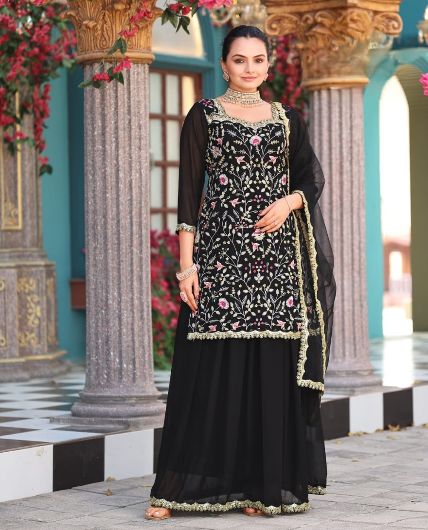 BLACK - Black Embroidered Georgette Palazzo Kameez