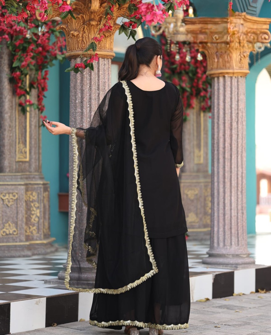 BLACK - Black Embroidered Georgette Palazzo Kameez