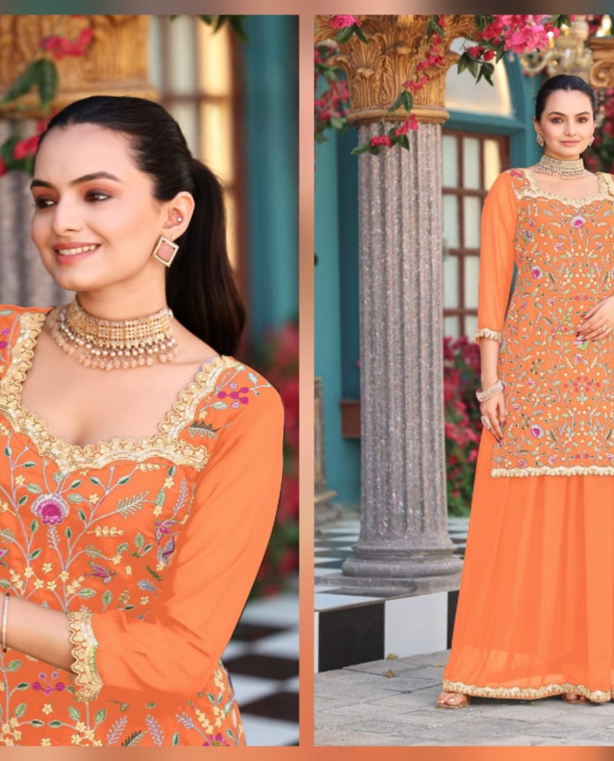 ORANGE - Salmon Orange Embroidered Georgette Palazzo Kameez