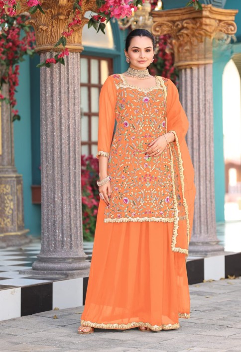 Salmon Orange Embroidered Georgette Palazzo Kameez