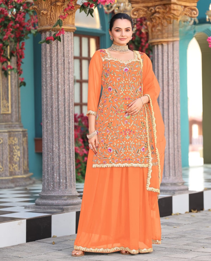 ORANGE - Salmon Orange Embroidered Georgette Palazzo Kameez