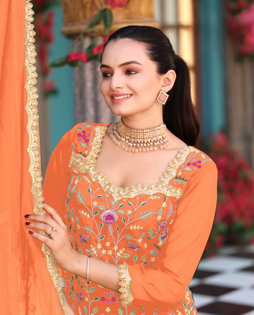 ORANGE - Salmon Orange Embroidered Georgette Palazzo Kameez