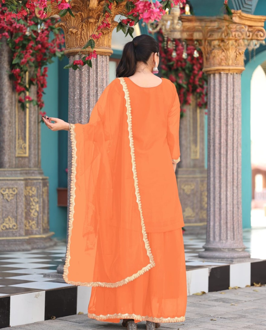 ORANGE - Salmon Orange Embroidered Georgette Palazzo Kameez