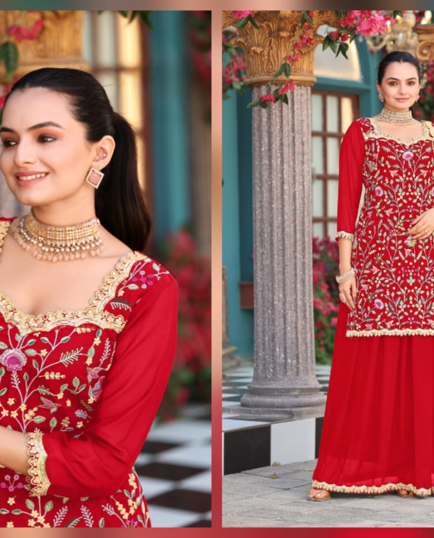 RED - Red Embroidered Georgette Palazzo Kameez