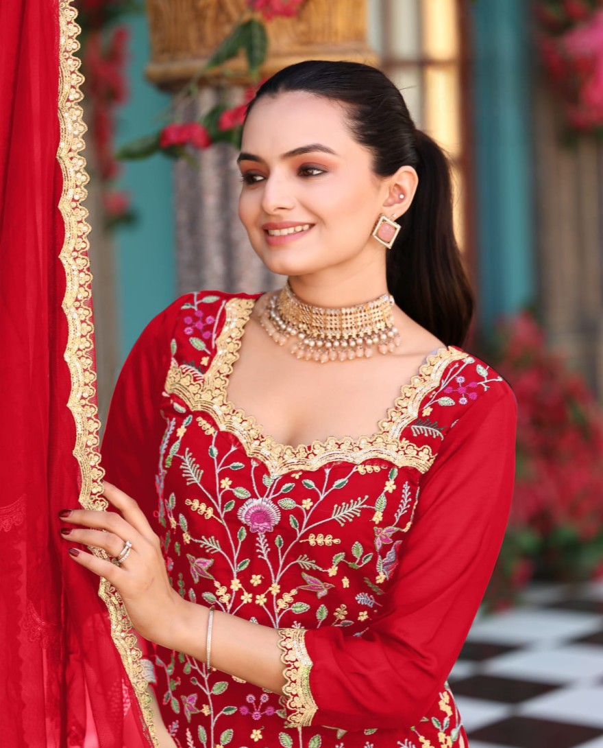 RED - Red Embroidered Georgette Palazzo Kameez