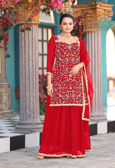 Red Embroidered Georgette Palazzo Kameez
