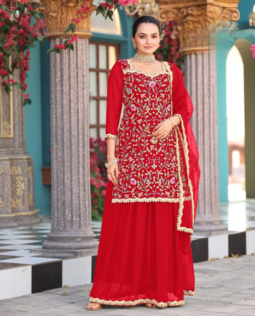 RED - Red Embroidered Georgette Palazzo Kameez