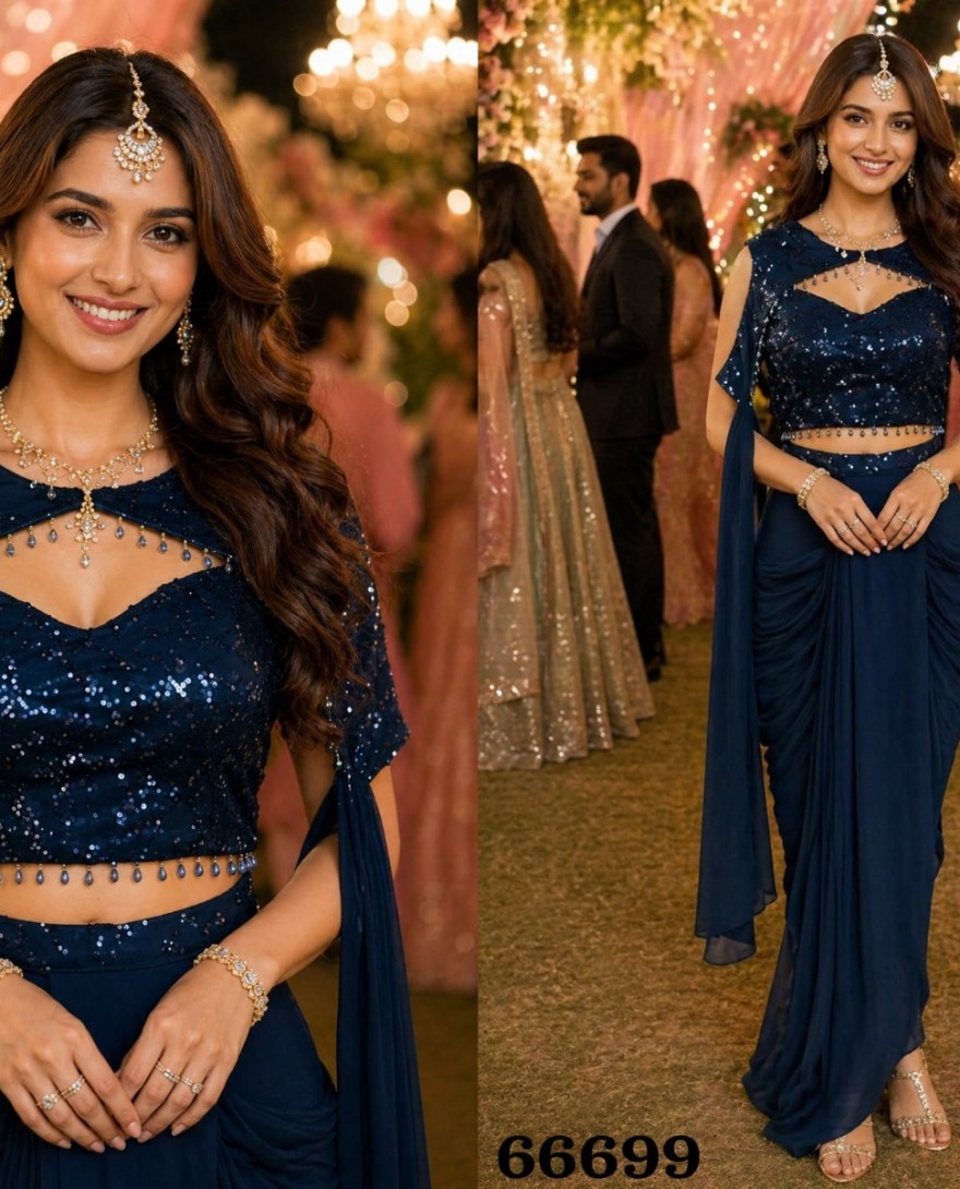 BLUE - Blue Lycra Contemporary Sari with Embroidered and Sequins Work